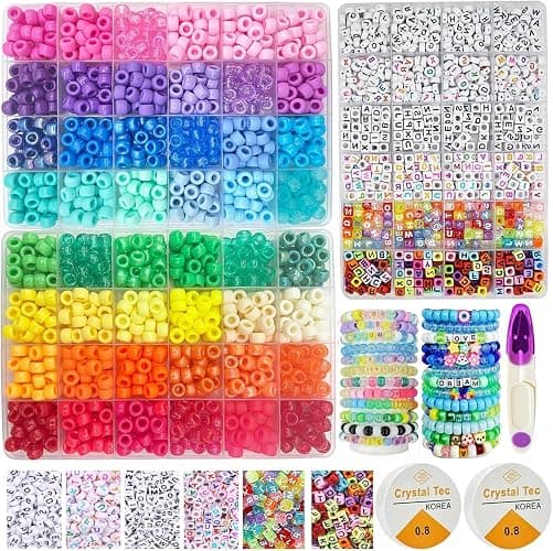 MAISKIEN 2280 Pony Beads Set, 1080 Letter Beads, 48 Colors Hair Beads, 1200 pcs Pony Bead for Bracelet Making, Colour Bead, DIY Craft Beads Kit Used to Make Festival Accessories, Shoelaces, Keys thumbnail 3