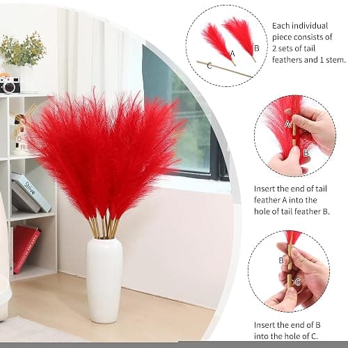 Wertuirk 9 Stems Red Pampas Grass - 38 Inch Tall Fluffy Faux Pampas Grass Decor, Long Artificial Pompas Floral for Living Room, Wedding Centerpieces and Home Decor (Red) - Red thumbnail 4