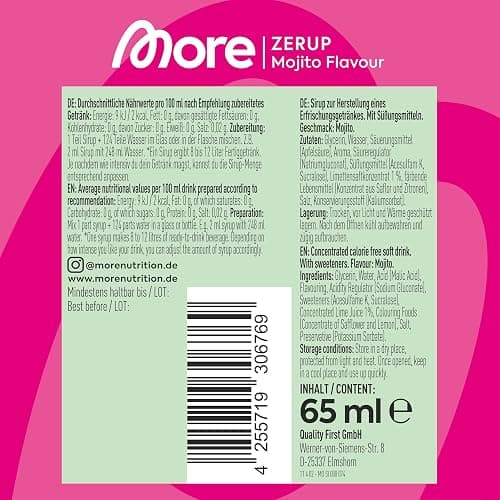 MORE Zerup, Mojito, 65 ml, für bis zu 8 l Fertiggetränk, zuckerfreier Sirup mit u.a. echten Fruchtextrakten, vegan, zero Kalorien - made in Germany | Null Kalorien Sirup u.a. Mit echten Fruchtextrakten, ohne Zuckerzusatz thumbnail 4