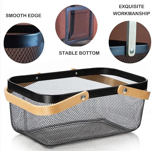 Cheardia 2 Pack Picnic Baskets, Metal Mesh Harvest Basket with Foldable Wooden Handle, Rectangle Garden Storage Basket Bin for Vegetable Fruit Garden Kitchen Cabinet Picking Gathering thumbnail 4