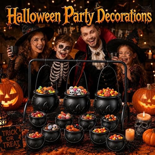 Halloween Cauldron Table Decor, Set of 12 Large and Mini Black Plastic Hanging Cauldron Bowls with Iron Rack, Witches Cauldron Candy Serving Bowl for Party Home Kitchen Hocus Pocus Indoor Decorations thumbnail 2