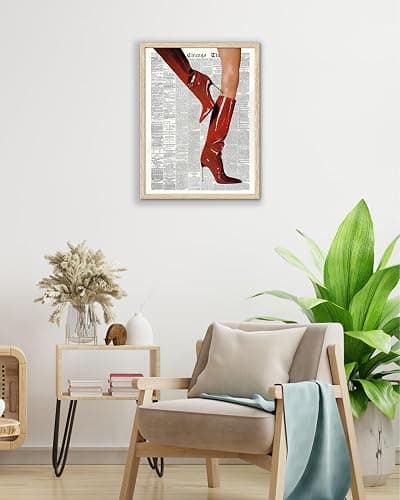 EcoHest UnFramed Trendy Newspaper Red Boots Wall Art, 12x16 in OAK Wood Fashion Icon Canvas Wall Art, Magazine Home Decor, Beige Logs Retro Set of 1 for Bedroom Living Room thumbnail 3