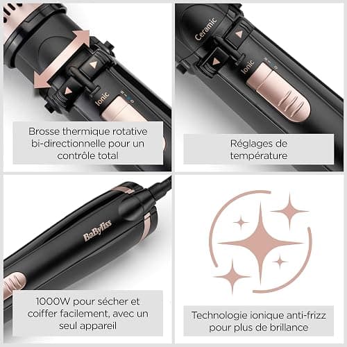 BaByliss Brosse soufflante rotative Dry, Straighten and Style - Pour sécher, lisser et mettre en forme, Fonction ionique, Avec 4 accessoires interchangeables, Noir, AS200E thumbnail 7