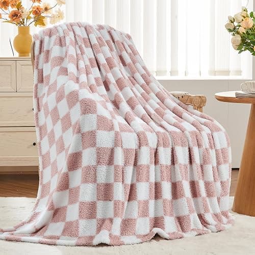 NEWCOSPLAY Knitted Pink White Checkered Blanket Super Soft Plush Throw for Couch Fuzzy Fluffy Microfiber Lightweight Blanket for Bed Sofa All Season Use (Pink White, Twin(60"x80")) thumbnail 7