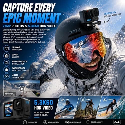 GoPro HERO13 Black Action Camera with 3 Enduro Batteries, Dual Charger, 64GB SD, 5.3K HDR Video, 27MP Photos, HyperSmooth Stabilization, Waterproof Design, 47-Piece Accessory Kit, 1-Year Warranty thumbnail 5