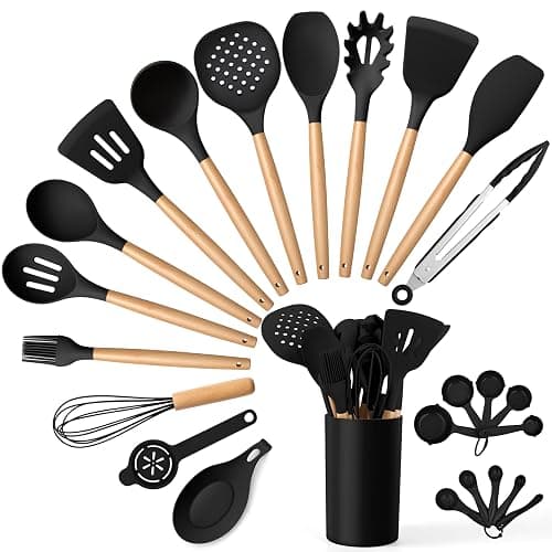 E-far Black Kitchen Utensils Set with Holder, 25-Piece Silicone Cooking Utensil Set with Wooden Handle for Nonstick Cookware, 446°F Heat Resistant Kitchen Tool Spatula Tongs Whisk, Non-toxic & Healthy - Image 1