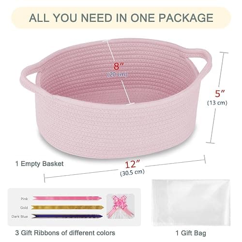 COMSE Small Woven Basket with Gift Bags and Ribbons, Gift Basket Empty, Cotton Rope Storage Organizer, Baby Toy Box with Handles, 12" x 8" x 5", Light pink thumbnail 2