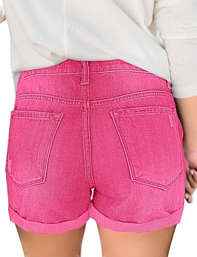 luvamia Women's Ripped High Waisted Denim Shorts Stretchy Cuffed Hem Jean Shorts thumbnail 2