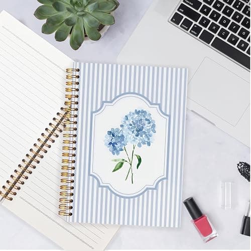 ignytiger Blue Hydrangea Notebook Journal, Hydrangea Gifts, Cute Blue and White Stripes Girly Floral Journal Spiral Notebook Aesthetic Office Supplies, 5.5x8.3 Inch thumbnail 2