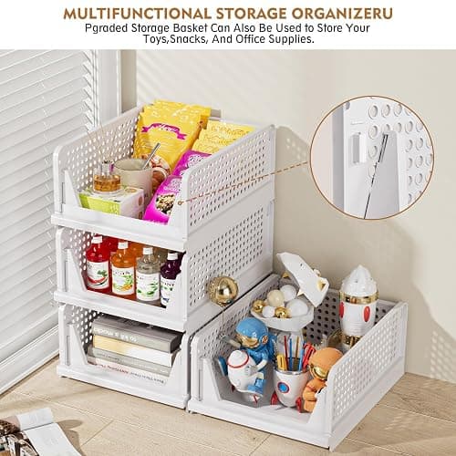 SNSLXH 5 Pack Stackable Closet Storage Basket, Multifunctional & Foldable Closet Organizer for Bathroom Kitchen Laundry Room Wardrobe Storage, Space-Saving Clothes Storage Drawer Organizer, White thumbnail 7
