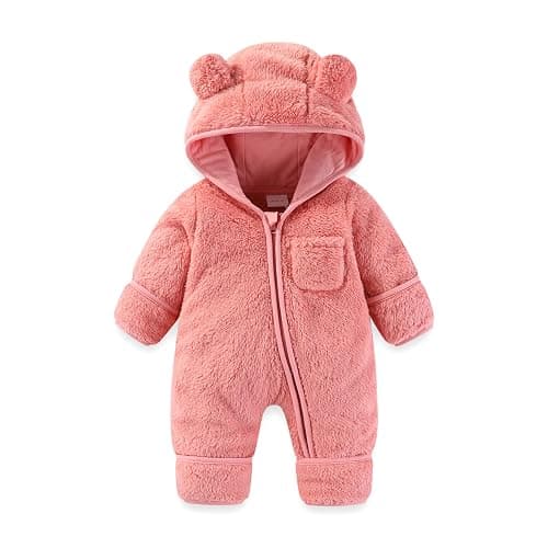 AiWMGL Newborn Baby Bear Outfit With Fold-Over Mittens and Footies Girls Boys Winter Fleece Clothes Hooded Romper Snowsuit - Image 1