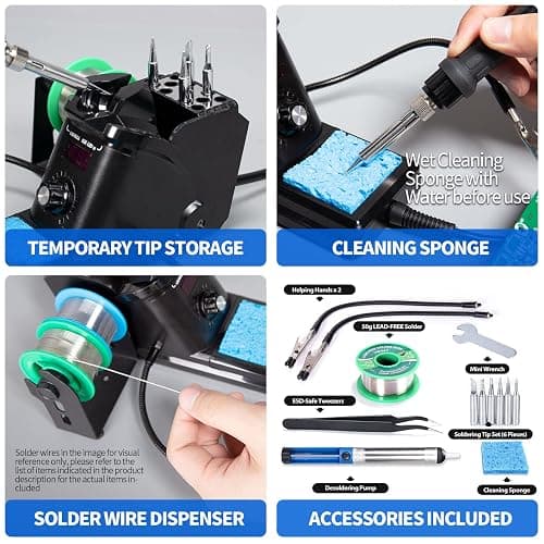 YIHUA 926 III 60W Digital Display Soldering Iron Station Kit w 2 Helping Hands, 6 Extra Iron Tips, Lead-Free Solder, Solder Sucker, S/S Tweezers, °C/ºF Conversion, Auto Sleep & Calibration Support thumbnail 7