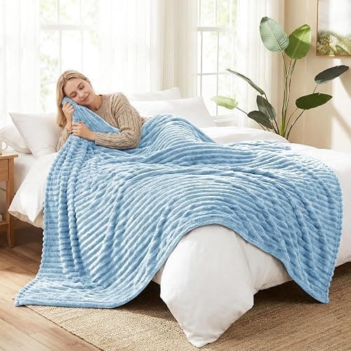 HIMEET Light Blue Ribbed Throw Blanket for Couch - 300GSM Lightweight Soft Fleece Blanket for Women Men, Cozy Blankets for Mothers Gifts, Striped Spring Home Room Decor, Light Blue, 50x60 Inches thumbnail 9