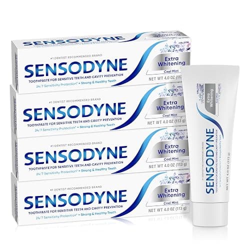Sensodyne Extra Whitening Sensitive Teeth and Cavity Prevention Whitening Toothpaste, Amazon Exclusive, Cool Mint, 4 Ounces, 4 Count - Image 1
