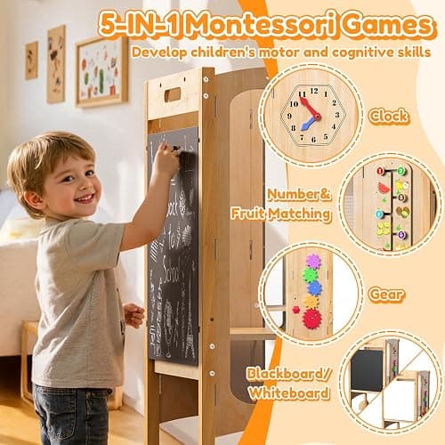FlyingBoom Foldable Toddler Tower, Kitchen Stool Helper with 2 Step Stool, Toddler Standing Tower for Kids with Safety Net, Adjustable Height, Chalk-Whiteboard &Montessori Activity Games thumbnail 5