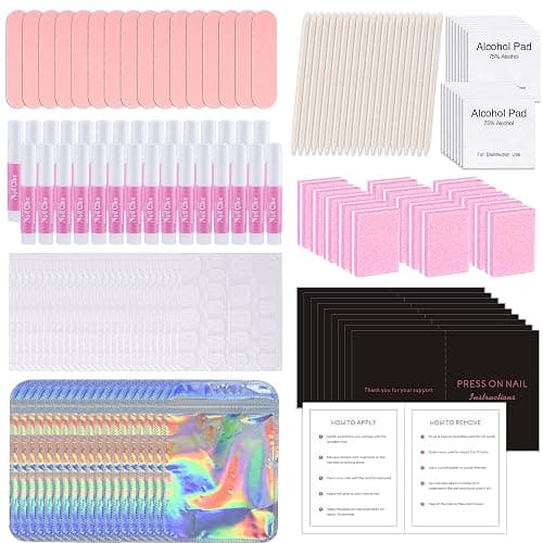 50 Set Press On Nail Tool Prep Kit for Salon Business, Disposable Manicure Kit with Nail File, Buffer, Glue, Prep Pad, Instruction Card, Adhesive Tabs, Wood Stick, Holographic Bag - Image 1
