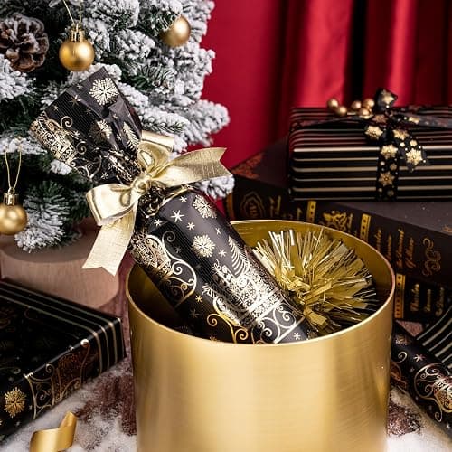 WRAPAHOLIC Reversible Black and Gold Christmas Wrapping Paper - Mini Roll - 17 Inch x 33 Feet - Black Gold Sleigh and Stripe Wrapping Paper with Metallic Foil Shine for Christmas, Holiday, Party thumbnail 5