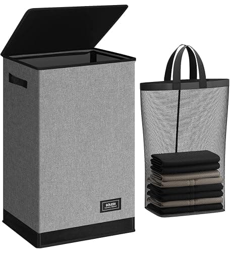 SOLEDI Laundry Hamper with Lid 90L Large & Tall Collapsible Laundry Basket, Clothes Hamper with Bag Removable Easy to Carry, Dirty Hampers for Bedroom, Bathroom, Dorm, College, Grey - Image 1
