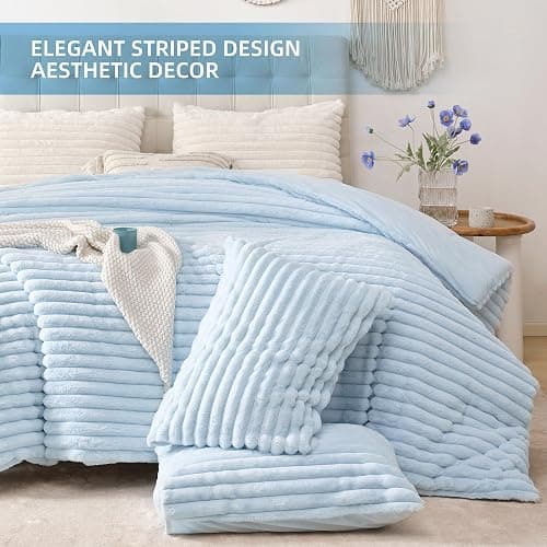 Smoofy Fluffy Queen Size Comforter 3 PCS - Light Blue Fleece Bedding Set | Luxury Fuzzy Plush & Super Soft Bed Set All Season, Heavy Cozy Warm Faux Fur Stripe Comforter with 2 Pillow Cases thumbnail 3