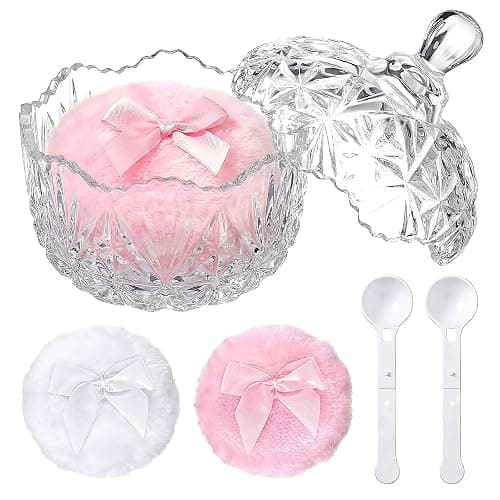 5 Pcs Large Powder Puff and Container with Spoon, Dusting Powder Container with Puff, Washable Reusable Velour for Body Powder Glitter Bathroom Vanity, Crystal - Image 1