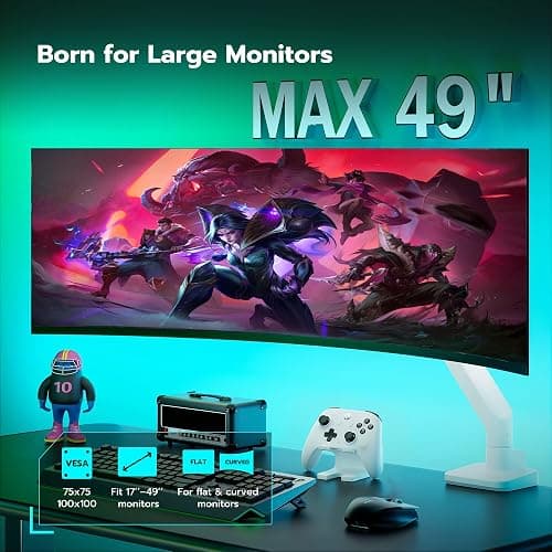 ARES WING Ultrawide Monitor Arm for 17 to 49 Inch and 44 Lbs Screen, White | Pro Gas Spring, Full Range of Motion, for 75/100 Vesa Mount, for Samsung, LG Curved/Flat Monitor, with C Clamp, Grommet Base thumbnail 3