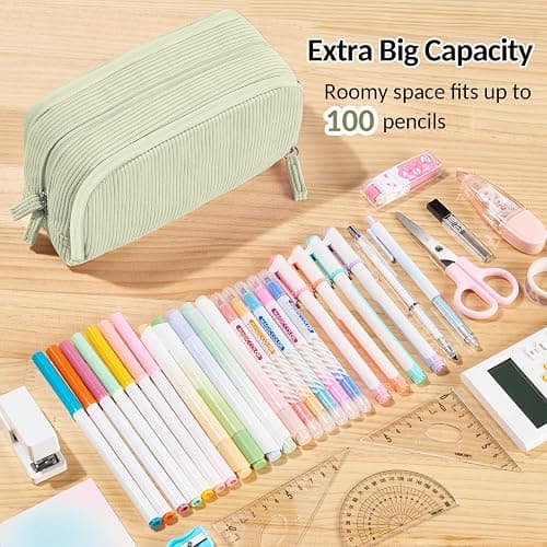 Sooez Big Capacity Pencil Case Pen Pouch, Soft Corduroy Pencil Bag with 3 Compartment, Multiple Pockets, Sturdy Zipper, Cute School Supplies Pen Bag Organizer For Teen Girls College, Green thumbnail 4