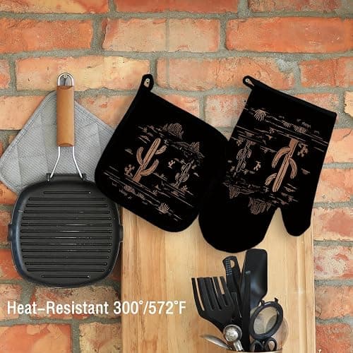 Qeheb Western Desert Black Oven Mitts and Pot Holders Set, Cactus Kitchen Decor, Southwest Western Over Mittens for Kitchen thumbnail 5