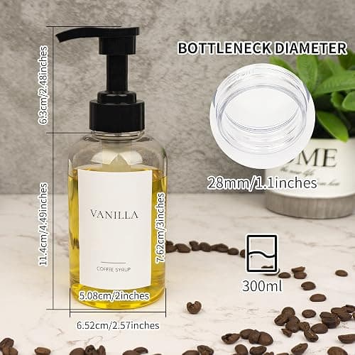 Ezebesta 4 Pieces Coffee Syrup Dispenser Bottle 300ml PET Black Pump Bottles with Labels for Coffee Bar Organization thumbnail 3
