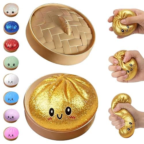 BCBU Glitter Dumpling Squishy,Dumpling Squishies,Glitter Dumpling Mystery Box,Colorful Dumpling Stress Balls Fidget,Jumbo Squishy Toy with Steamer Box,Soft Squeeze Decompression Dough (Glitter Gold) - Image 1