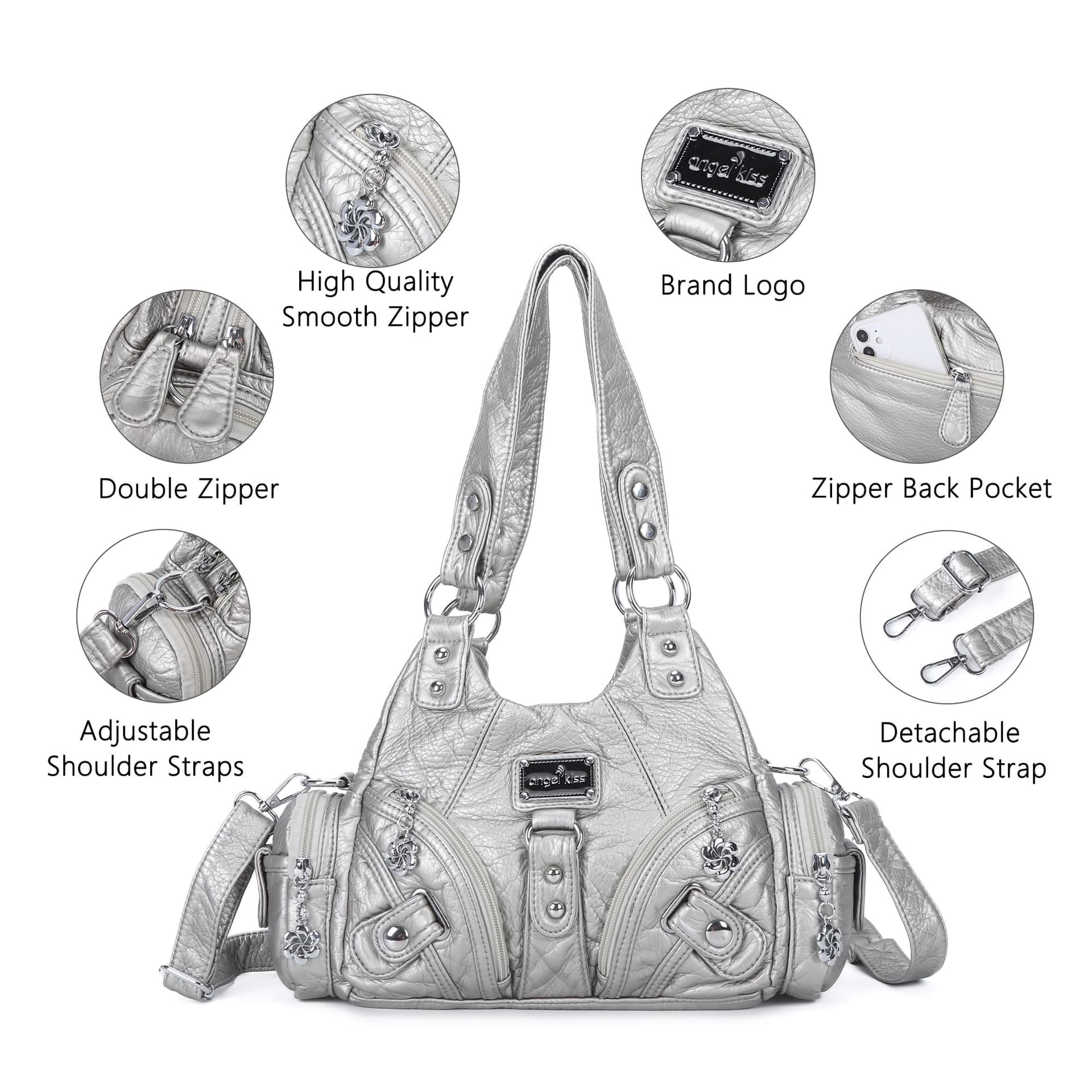 Angel Kiss - Bolsos de hombro pequeños para mujer, bolso de mano de piel vaga, varios bolsillos con cierre - plateado thumbnail 4