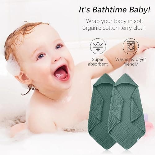 SWEET DOLPHIN Muslin Hooded Baby Bath Towels - 2 Pack 100% Cotton Towel for Babies, Infants, Toddlers - 32x32Inch - Highly Absorbent and Newborn Essential, Deep Emerald thumbnail 3