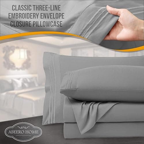 Abeero Home Full Size Bed Sheets Cooling - Luxury Hotel Sheet Set - Soft Sheet with Elastic Corner Strap - Deep Pocket Microfiber Bedsheet - Bedding Sheets & Pillowcases -4 PC (Full Size, Light Gray) thumbnail 3