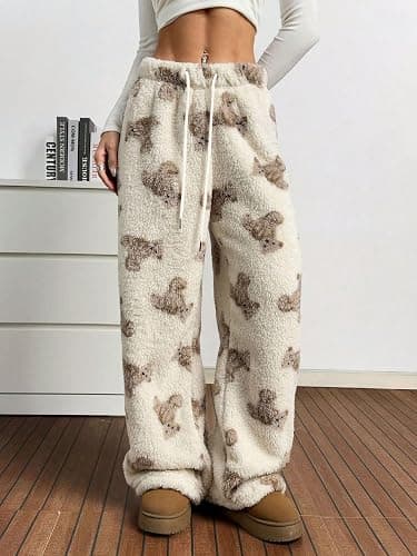 Flannel Plaid Leopard Pajama Pants for Women Plush Fuzzy Pjs Pant Furry Pajamas Bottom Sleep Pants thumbnail 2
