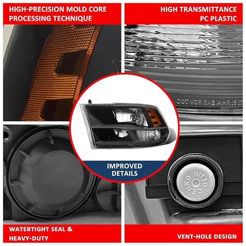 ADCARLIGHTS for 2009-2018 Dodge Ram Headlight Assembly compatible with 2009-2018 Ram 1500/2010-2018 Ram 2500 3500 Black Housing Amber Reflector Headlamp Replacement Left and Right thumbnail 6