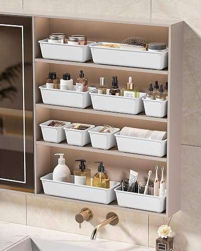 KEMETHY 25 PCS Plastic Drawer Organizers Set, 4 Sizes Vanity Organizer, Makeup and Desk Drawer Organizer Trays, Organization and Storage for Makeup, Bathroom, Kitchen Utensils and Office (White) thumbnail 2