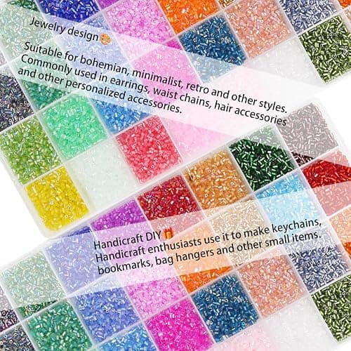 EuTengHao Kit de perles tubulaires 3 mm en verre pour la fabrication de bijoux, la broderie et la décoration intérieure (32 couleurs vives, 19200 pièces) thumbnail 8