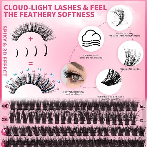 PROLASHBEAUTY Lash Clusters with Spikes Lash Clusters Kit 3D Style Individual Lashes Kit with Bond and Seal Lash Tweezers Remover Easy to Apply at Home (80D+100D-D-10-18mix) thumbnail 4