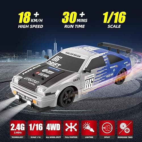 Sakeye 1/16 RC Drift Car 2.4GHz 1:16 4WD High Speed Remote Control Cars Vehicle with LED Lights Two Batteries and Drifting Tires Racing Cars Toy for Adults Boys Girls Kids - Blue+wh86 thumbnail 2