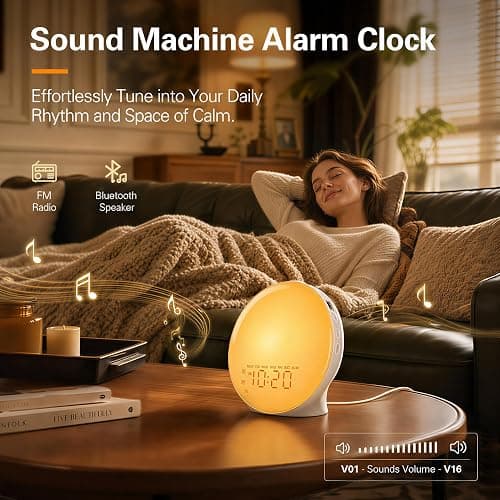 JALL Full-Screen Wake Up Light Sunrise Alarm Clocks for Bedrooms, White Noise Machine for Heavy Sleepers, 25 Natural Sounds, Dual Alarms, FM Radio, 17 Dimmable Colors, Bluetooth Speaker thumbnail 7