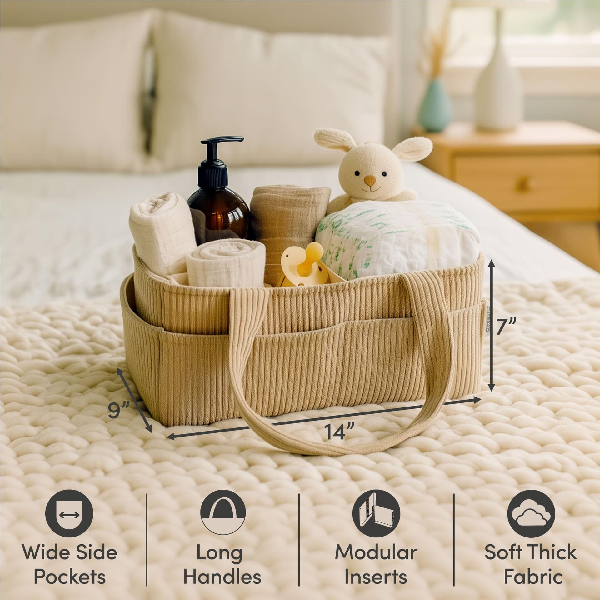 PUTSKA Baby Nappy Caddy Organiser for Changing Table – Stylish Nursery Storage Basket, Newborn Essentials, Baby Shower Gifts and Registry Must-Haves for Boy or Girl, Car Nappy Caddy, Corduroy Mocha thumbnail 2