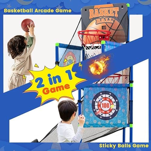 GYMAX Basketball Arcade Game, 2 in 1 Kids Basketball Stand Set with 2 Basketballs, 8 Sticky Balls, Electronic Scoreboard & Sound Effect, Outdoor Indoor Basketball Hoop Game for 3 Years Old+ Boys Girls thumbnail 4