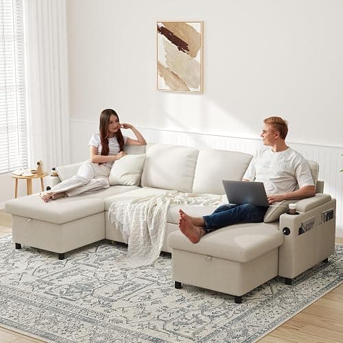 DURASPACE Sofa Bed Pull Out Couch Sleeper with Double Storage Chaise, U Shaped Convertible Sectional Sleeper Sofa for Living Room with USB Charging Ports, Cup Holder (Beige) thumbnail 4