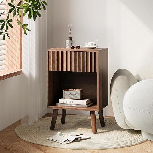 Nightstand, Modern Bedside Table with Storage Drawers and Open Wood Shelf, Night Stand with Solid Wood Legs, End Tables Side Tables for Living Room, Bedroom Walnut thumbnail 6