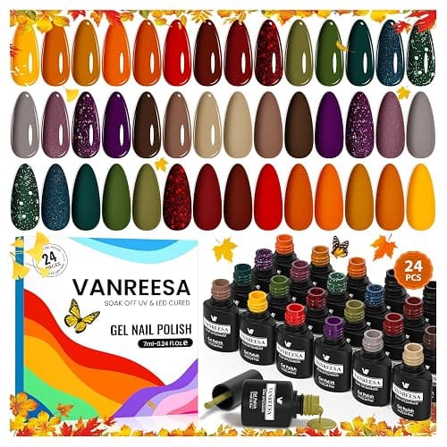 VANREESA 24 Pcs Fall Gel Nail Polish Set, 21 Colors Gel Polish with Base Coat Glossy & Matte Top Coat Orange Red Purple Green Brown Gel Polish Kit Nail Kit Gifts for Women - Image 1
