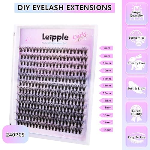 Lash Clusters,240Pcs 9-14mm Mix Individual Lashes Cluster Black Volume Eyelash Clusters Long Individual Lash Extensions D Curl Cluster Lashes DIY Eyelash Extension (20D Cluater Lash) thumbnail 2