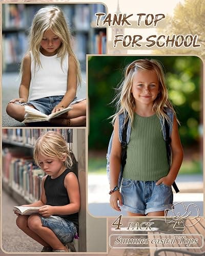 Mumucove 4 Pack Girls' Ribbed Tank Tops Crew Neck Fitted Sleeveless Undershirts Kids Casual Basic Camisole 5-14 Years thumbnail 4