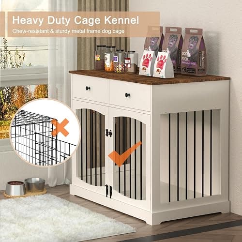 BREEZEHEAT 40 inch Dog Crate Furniture-Farmhouse Dog Kennel with Drawers-End Table Wooden Pet Crate, Double Door Design, Decorative Dog House Indoor for Small Medium Large Dog, White thumbnail 4