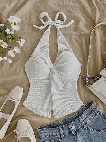QJQ Women's Halter Tops Twist Front Slit Backless Cute Summer V Neck Tank Top Vacation Outfits 2025 thumbnail 5
