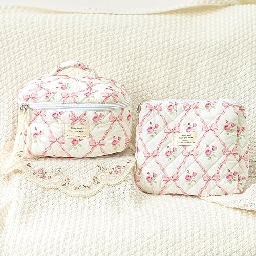 Sminra Makeup Bag Large Travel Quilted Cosmetic Makeup Bag Organizer, Floral Cotton Coquette Aesthetic Toiletry Bag for Women Girls (Pink Bow Flowers) thumbnail 5