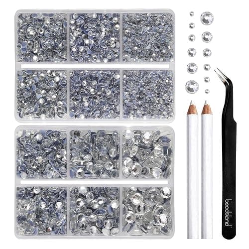 BEADSLAND Hotfix Strasssteine, 6080 Stück klare Strasssteine für Kleidung Kunsthandwerk gemischt 6 Größen mit Wachsstift und Pinzette Kit, SS6-SS30, Kristall - Image 1